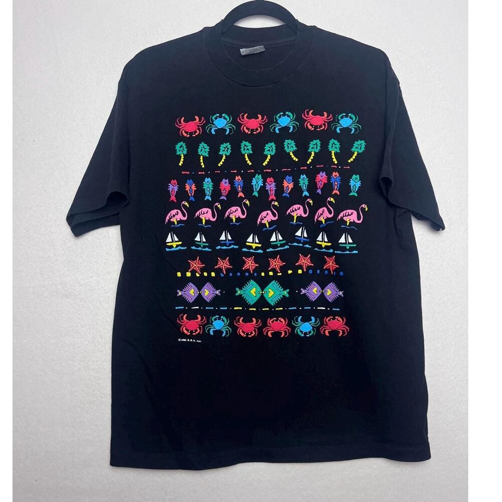 Vintage Hanes Beefy-T Black Single Stitch Tropical Short Sleeve T-Shirt Size L